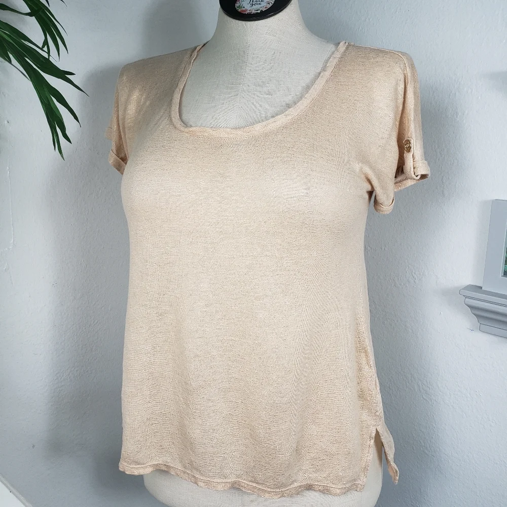 Lilly Pulitzer Tan Glitter Fluttery Trim Scoop Neckline Pullover Linen sz Small
